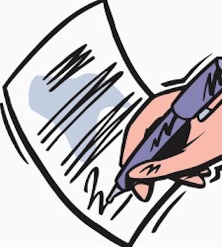 Ilustración. Una mano firmando un contrato. Contratación. Trabajo.